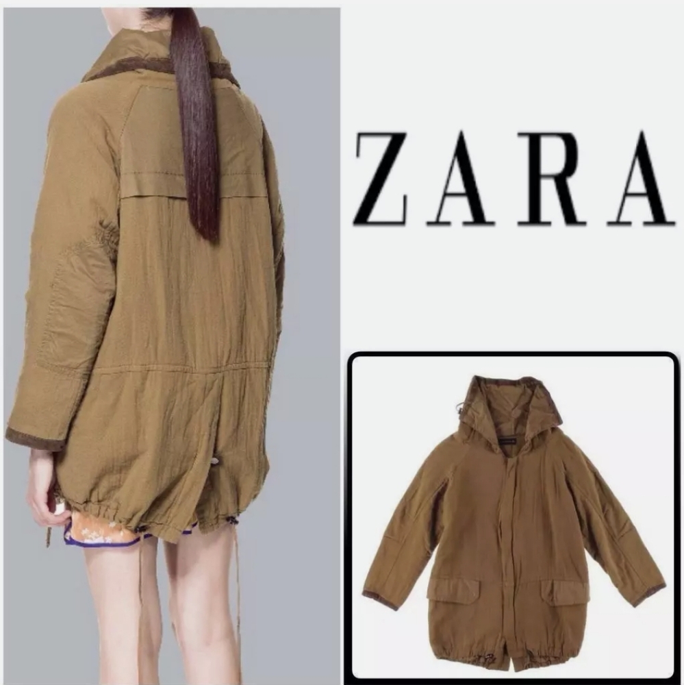 ZARA Brown Twil Faux Suede Trim Trench Coat Jacket